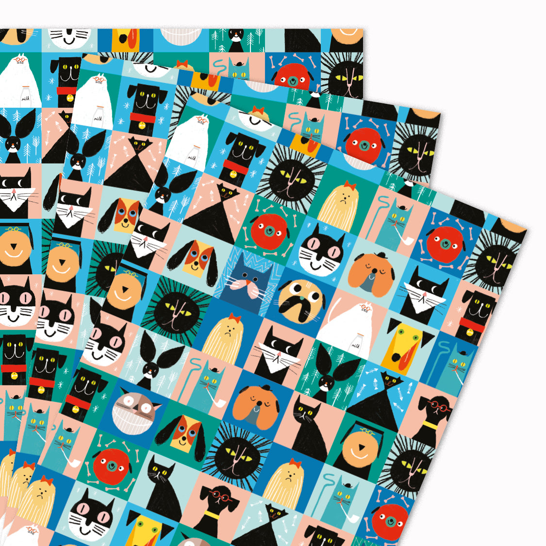 Pack of 'Cats and Dogs' gift wrap sheets illustrated by Rob Hodgson for USTUDIO Design. Perfect for cat and dog lovers alike, this bright and graphic design features funny portrait-style illustrations of our favourite furry friends.