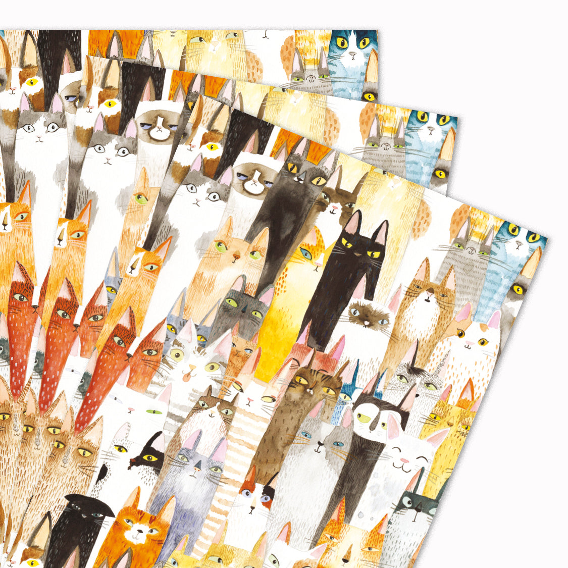Pack of 3 'Cats Cats Cats' gift wrap sheets illustrated by Luka Va for USTUDIO Design. This feline fine design features watercolour painted illustrations of cats in all their glorious colours. The ultimate cat gang for cat lovers.