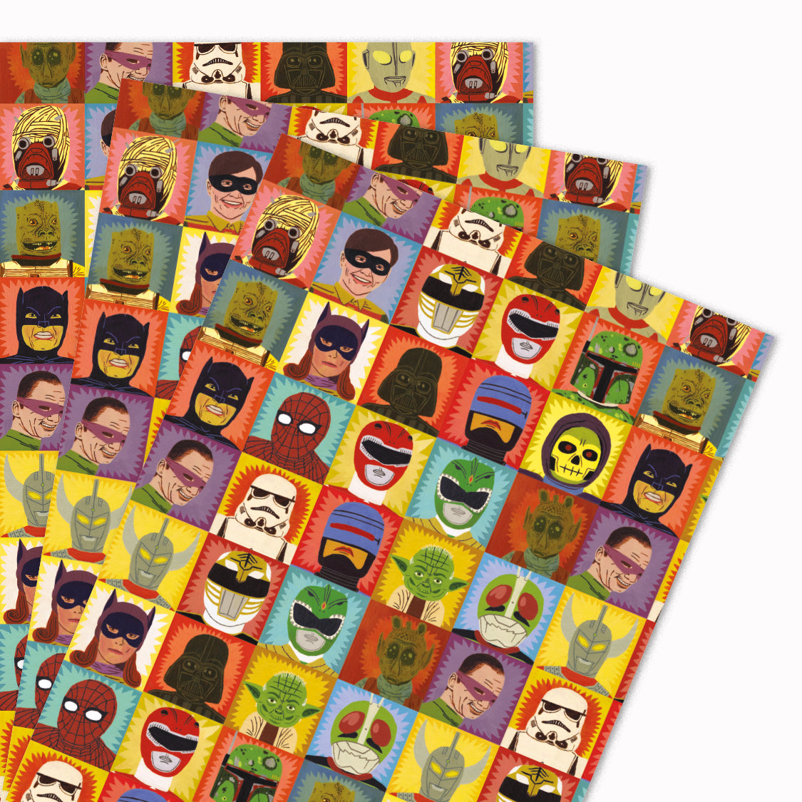 Pack of 3 'Heroes and Villains' gift wrap sheets illustrated by Jack Teagle for USTUDIO Design. This design features an illustrative interpretation of some of the best loved and most iconic heroes and villains. A cult classic design loved by kids both big and small.