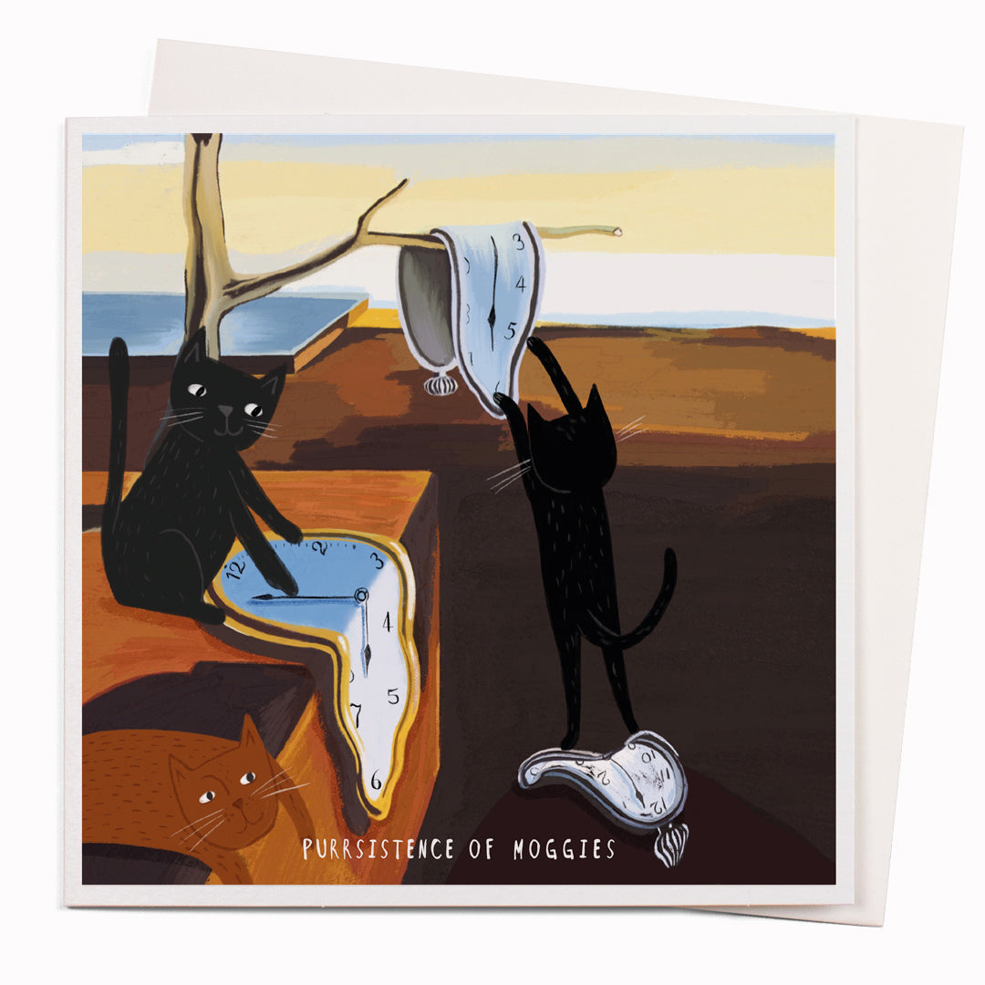 Cats!! Salvador Catli by Niaski is an un-greeted notecard inspired by Salvador Dali&#39;s famous &#39;Persistence of Memory&#39; artwork and is part of Niaski&#39;s Cats in Art range of designs.