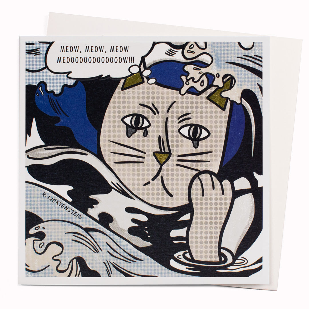 Cats!! Roy Licktenstein by Niaski is an un-greeted notecard inspired by Roy Lichtenstein's famous 'Drowning Girl' artwork and is part of Niaski's Cats in Art range of designs.