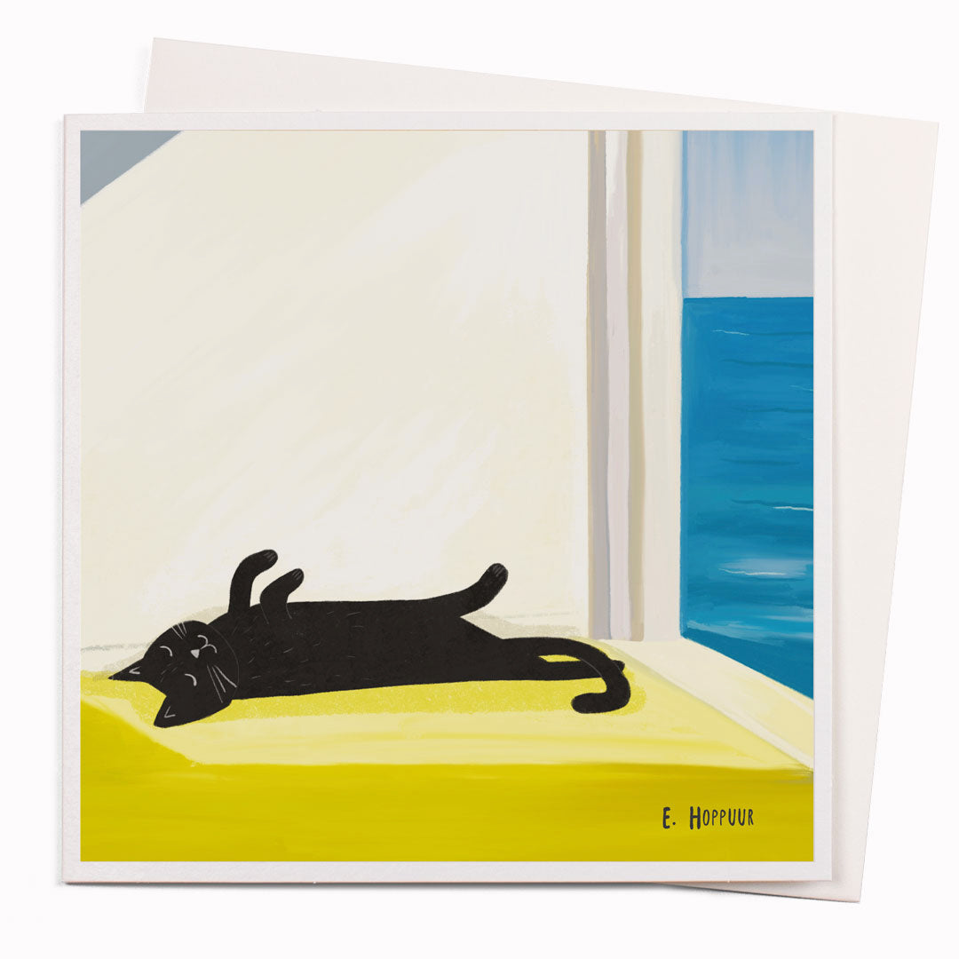 Cats!! Hoppurr's Cat Bathing by Niaski is an un-greeted notecard inspired by Edward Hopper's famous 'Rooms by the Sea' artwork and is part of Niaski's Cats in Art range of designs.