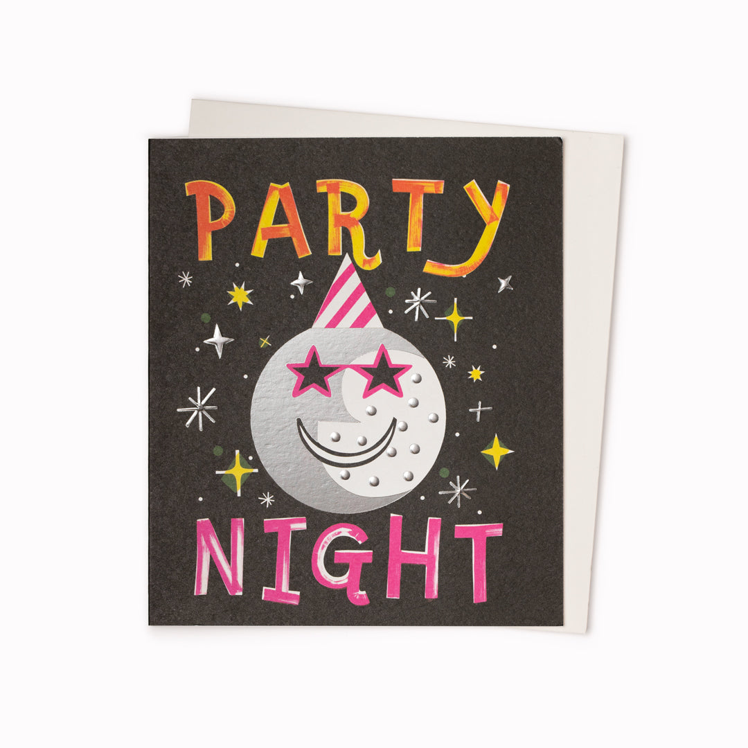 Party Night Greeting Card is a shiny moon wearing a party hat surrounded by stars&amp;nbsp;featuring artwork by artist and screen printer, David Newton.