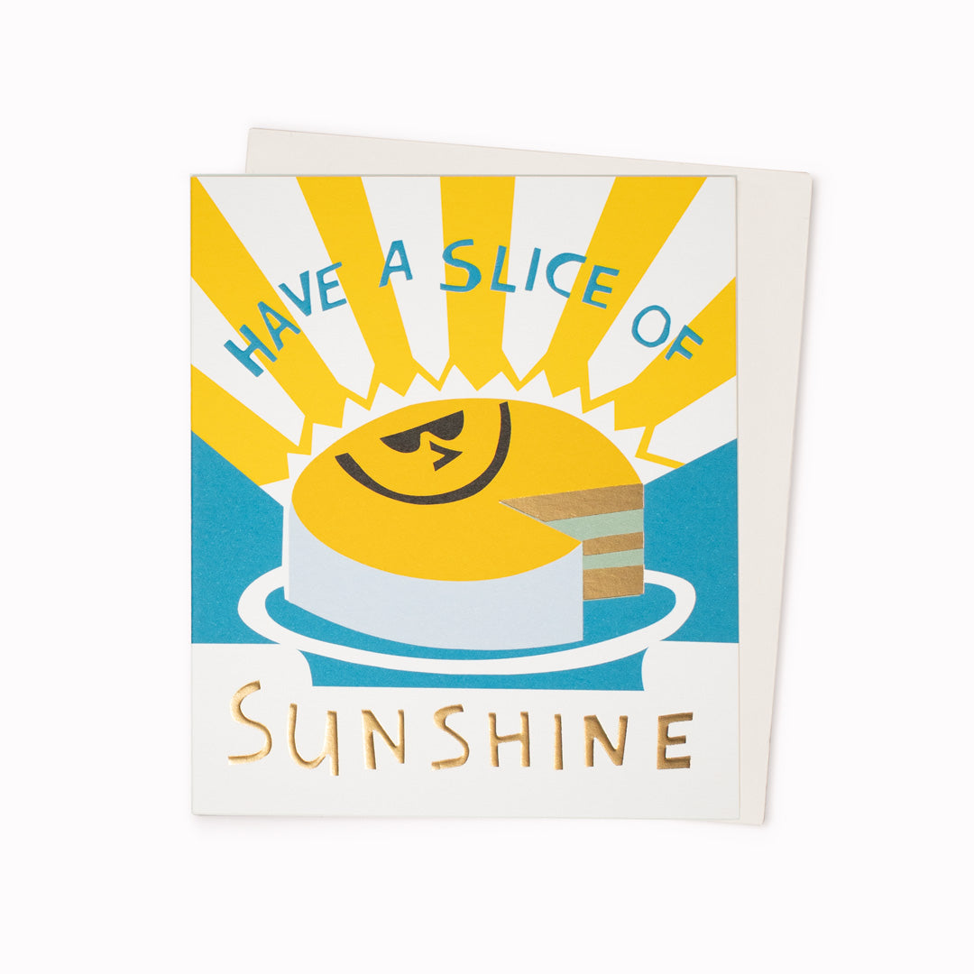 Slice of Sunshine Greeting Card is a sunshine and cake inspired celebratory card featuring artwork by artist and screen printer, David Newton.