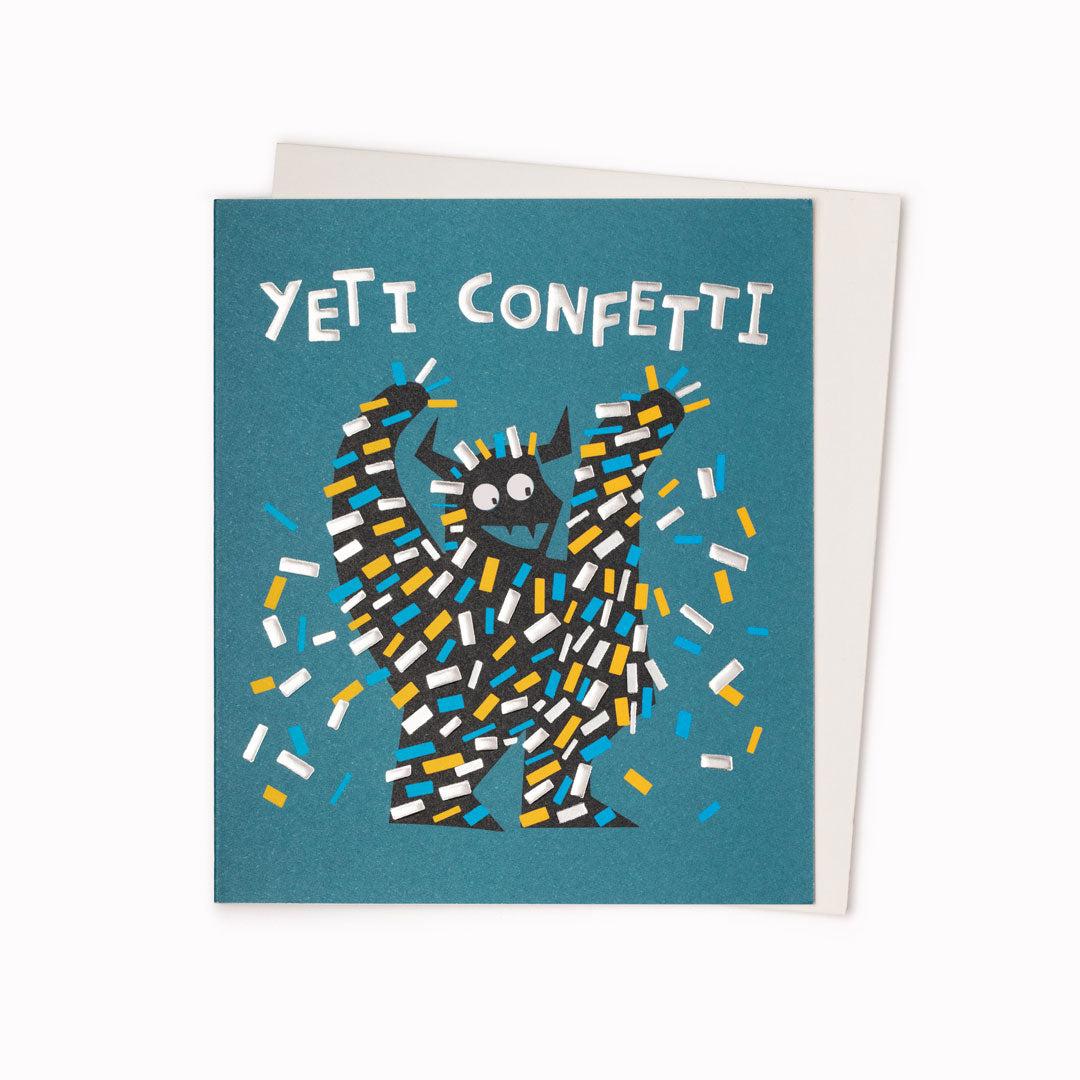 Yeti Confetti Greeting Card is a lively, monster themed celebratory birthday card featuring artwork by artist and screen printer, David Newton.