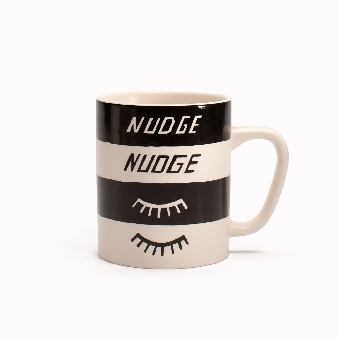 &#39;Nudge Nudge, Wink Wink&#39; stoneware mug by artist Scott Patt for USTUDIO Design. A playful and cheeky, graphic statement mug with bold monochrome stripes.