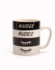 'Nudge Nudge, Wink Wink' stoneware mug by artist Scott Patt for USTUDIO Design. A playful and cheeky, graphic statement mug with bold monochrome stripes.