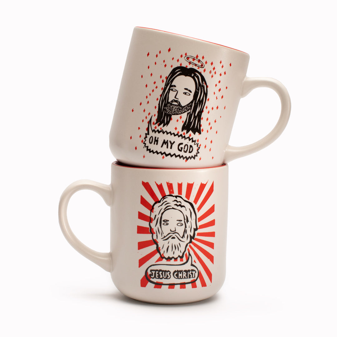 Oh My God! Jesus Christ! Set of 2 stoneware mugs featuring brilliantly funny illustration by Paul Bower for USTUDIO Design.