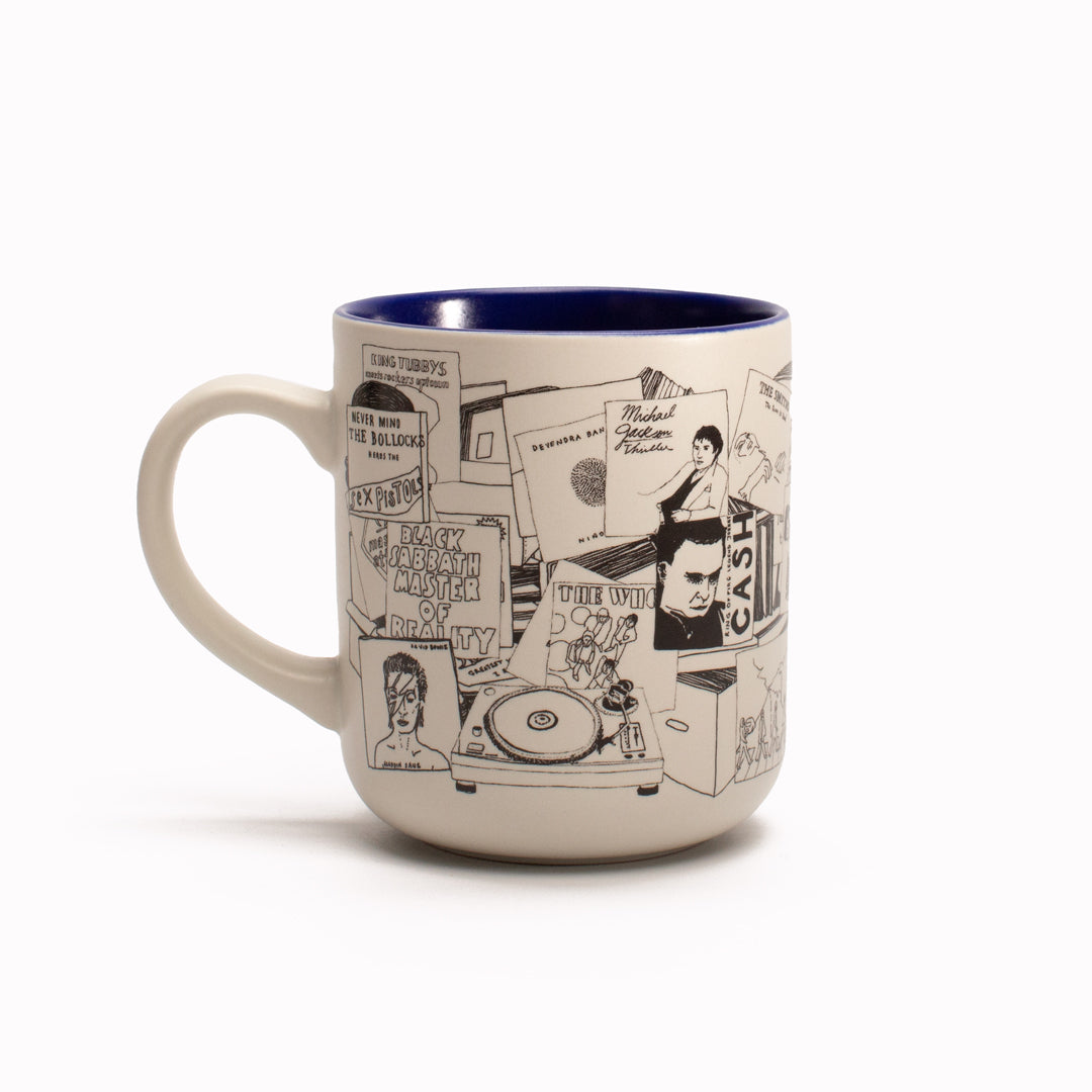 Vinyl stoneware mug by USTUDIO Design features line drawn illustrations of a few of the most classic and recognisable vinyl album covers of all time. The perfect mug for music lovers!