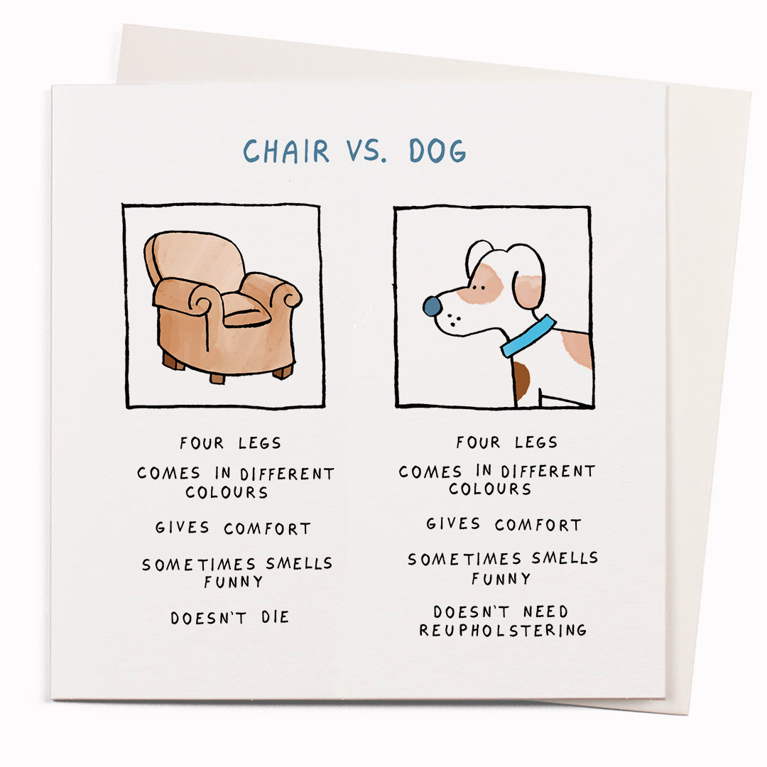 Chair Vs. Dog is a funny greeting card featuring a visual pun by cartoonist John Atkinson for the 'Wrong Hands' notecard range. A joke about man's best friend, this card will be appealing for dog lovers.