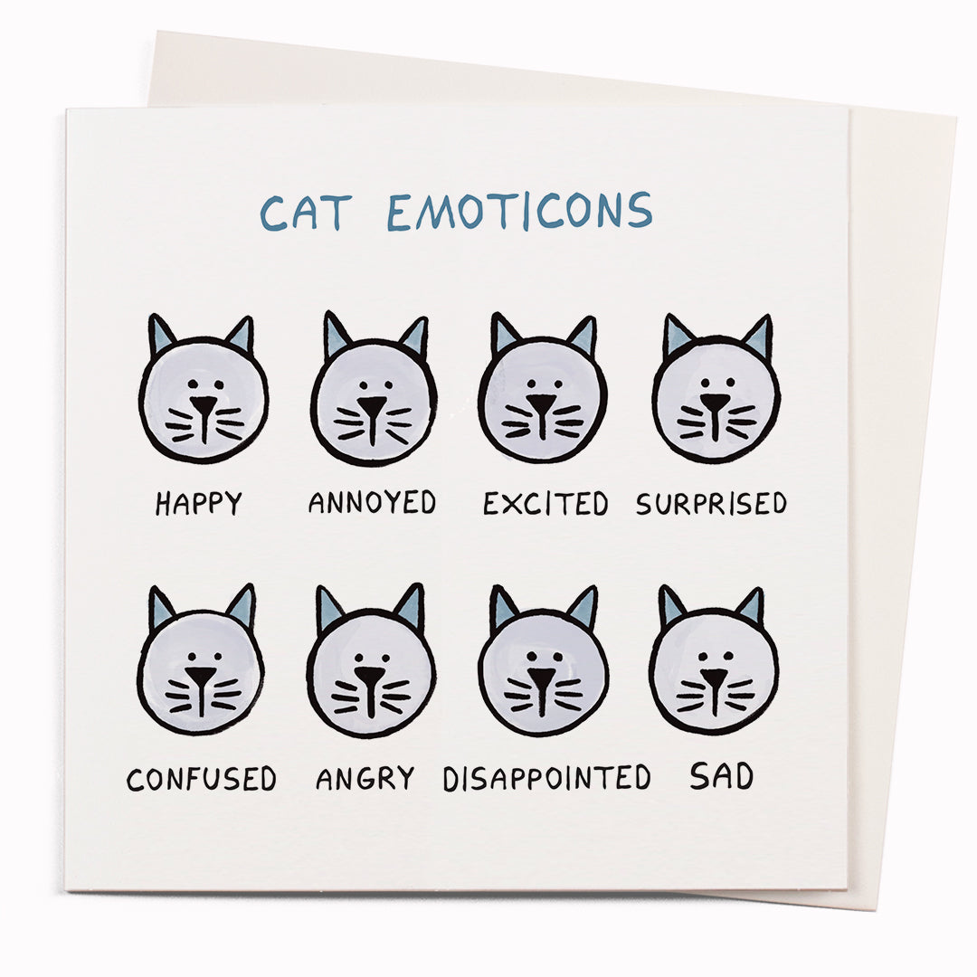 Cat Emoticons is a funny greeting card with a feline theme featuring a visual pun by cartoonist John Atkinson for the 'Wrong Hands' notecard range.&nbsp;