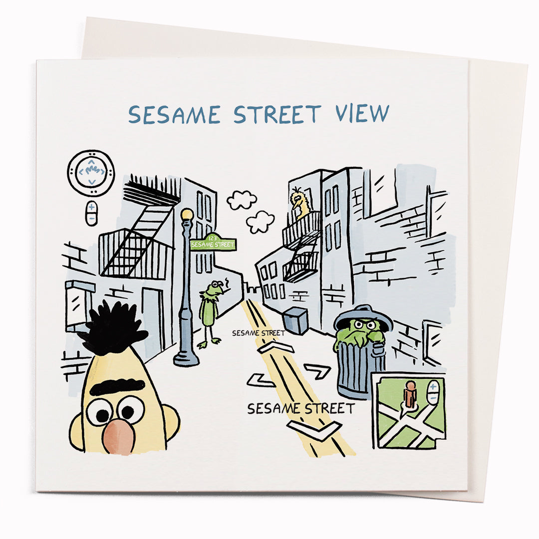 Sesame Street View is a funny greeting card featuring a silly mash up of Google Street View and Jim Henson's Sesame Street by cartoonist John Atkinson for the 'Wrong Hands' notecard range.