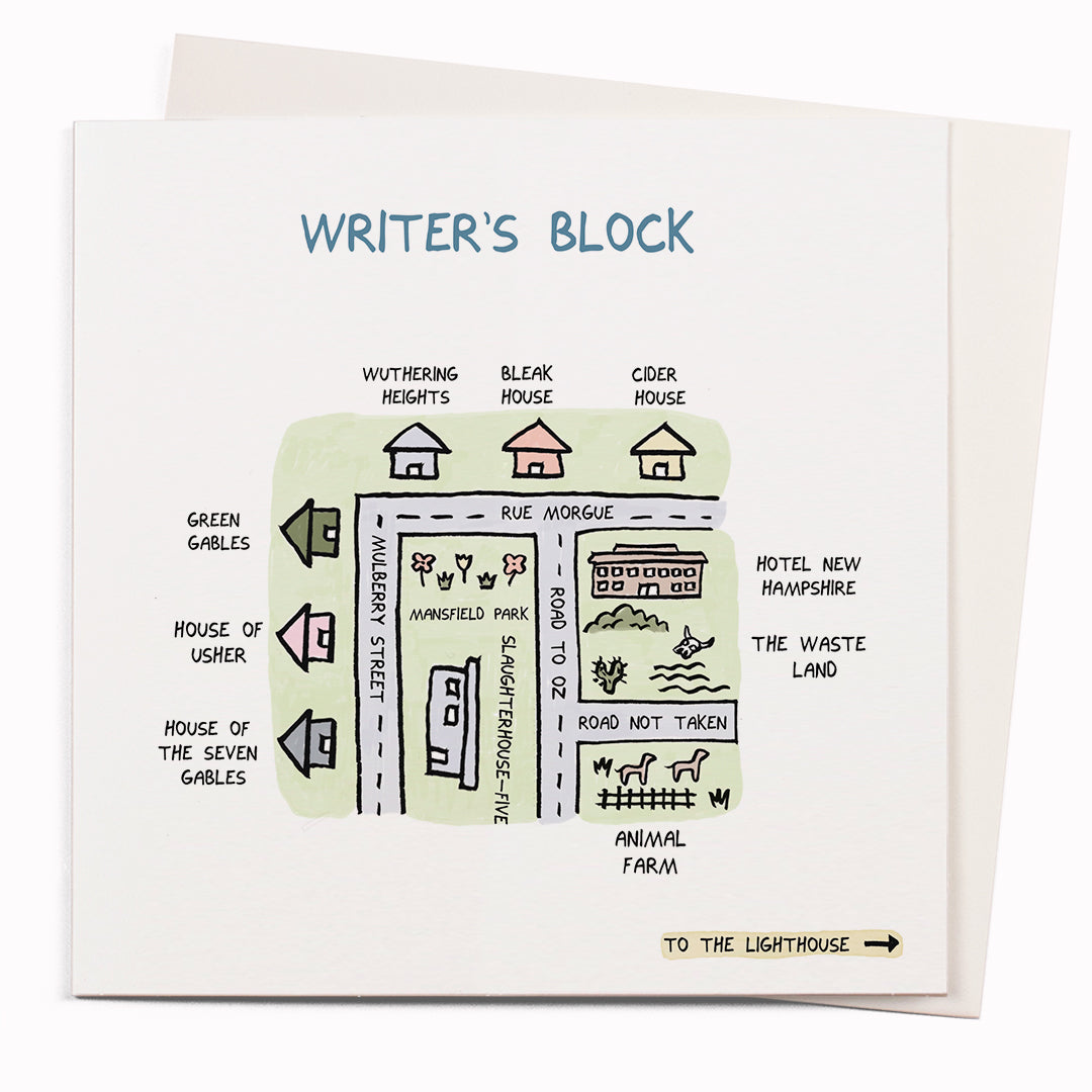 Writers Block is another funny bookish pun based greeting card by cartoonist John Atkinson for the 'Wrong Hands' notecard range.