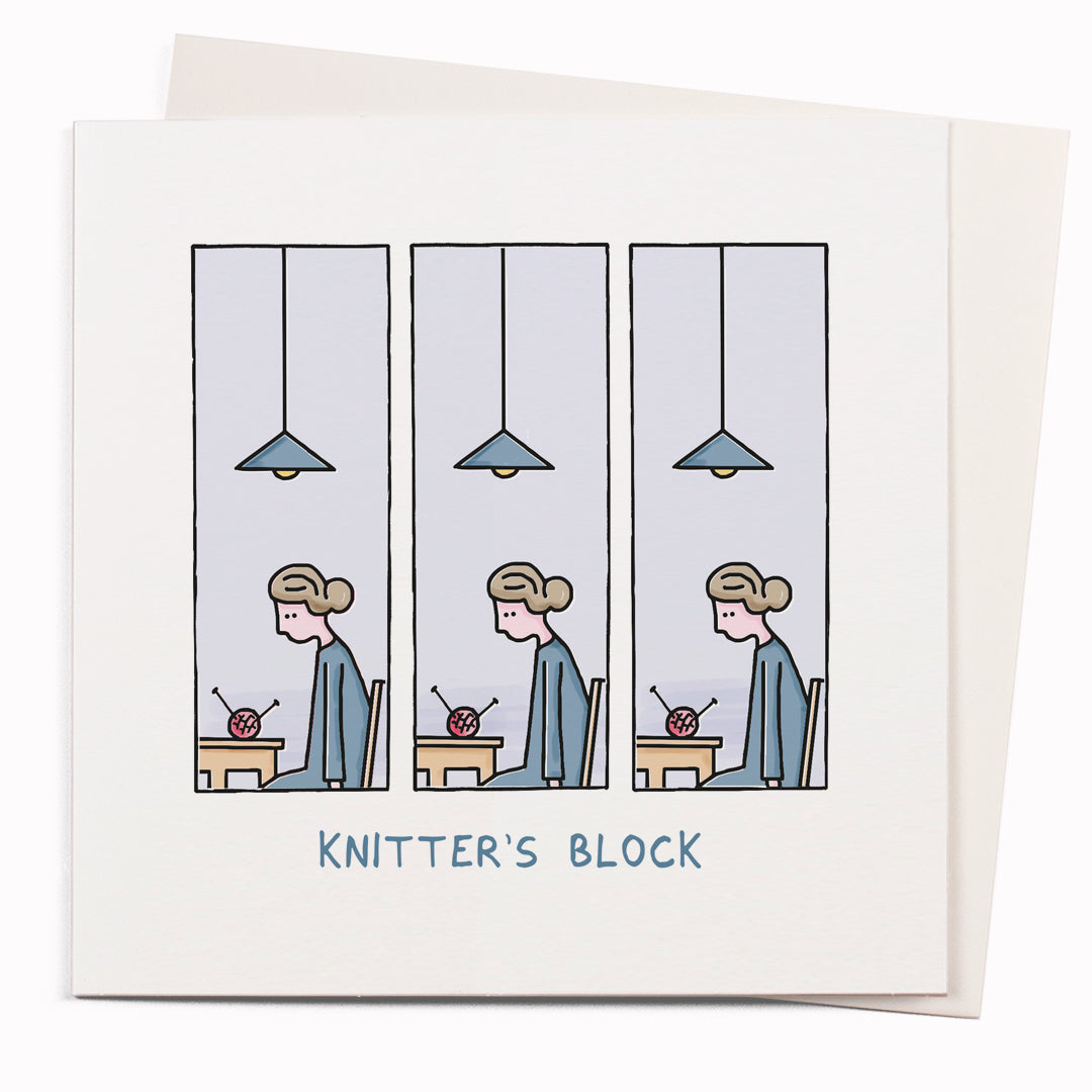 Knitters Block is a funny greeting card featuring a visual pun by cartoonist John Atkinson for the 'Wrong Hands' notecard range. It features a pun about procrastination and the mental block that can slow down the creative process.